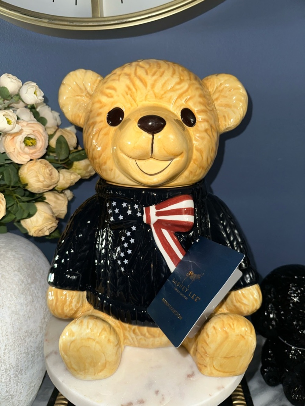 Patriotic Ceramic Bear Cookie Jar with American Flag Bow